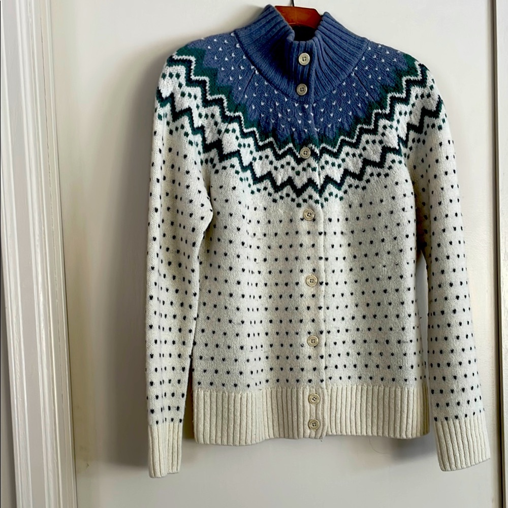 Green and Cream Knitted Cardigan with Geometric Pattern